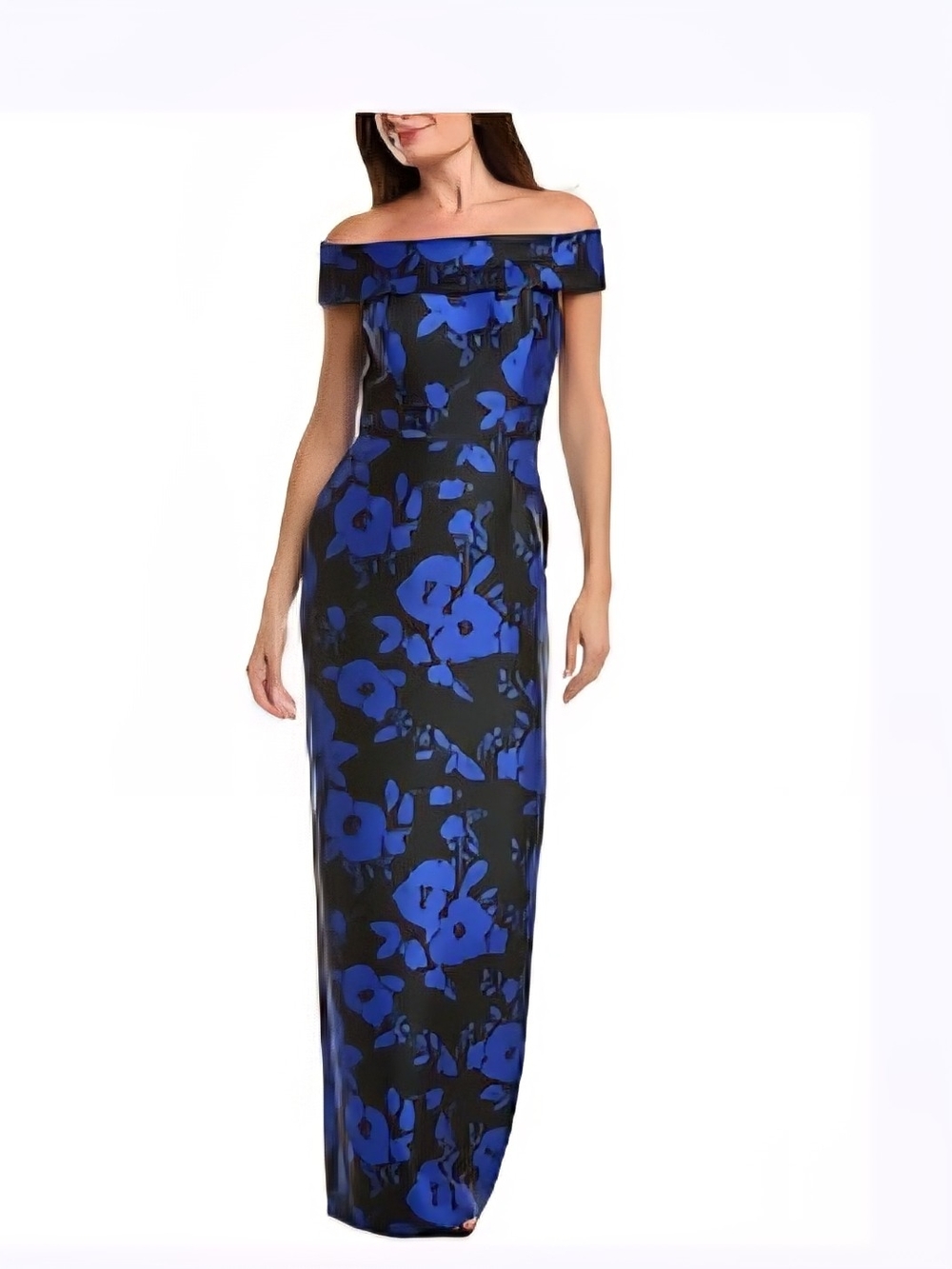 Teri Jon Black & Royal Blue One-Shoulder Floral Evening Gown